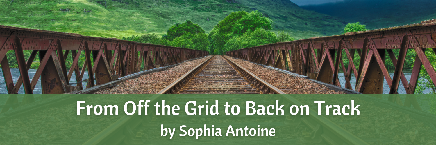 Image of train tracks that lead into a forest. Cover for podcast page for episode From Off the Grid to Back on Track